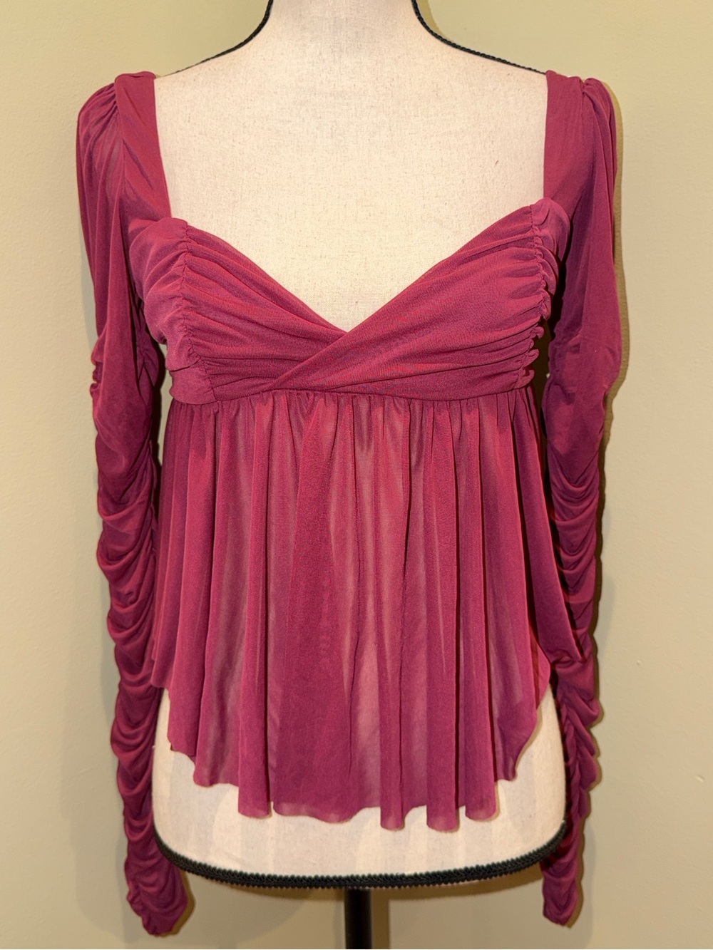 Urban Outfitters Carried Away Ruched Long Sleeve Blouse Burgundy M